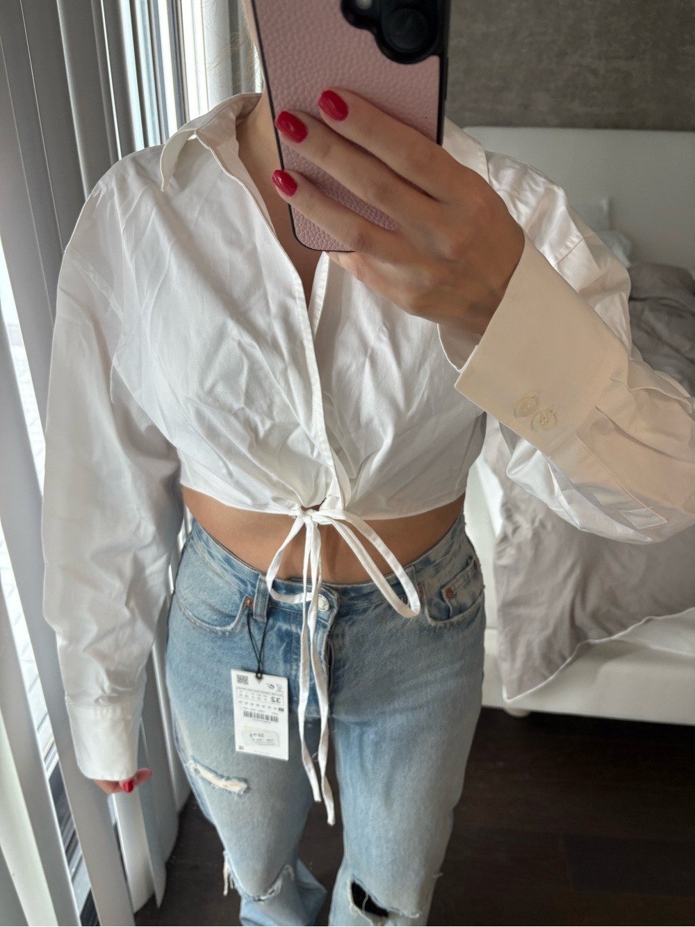Brand new with tags Zara White Cropped Tie-Front Shirt with Light Blue Jeans